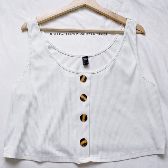 White Faux Button Down Ribbed Cropped Tank Top - Picture 2 of 9
